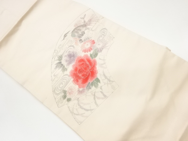 リサイクル　地紙に流水・花鳥・雪芝模様刺繍名古屋帯